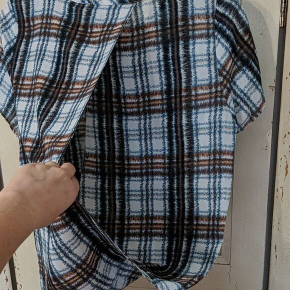 Maeve Blouse Medium Plaid Blue Brown Top Lightweight Semi Sheer - Picture 4 of 7